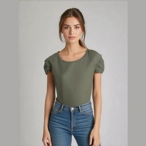 Candace Cameron Bure Mixed Media Puff Sleeve Shirt Top Tee Sage Size XXS NEW